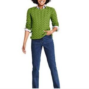 Lands' End Drifter Green Cable Knit Fisherman Midweight  Cotton Sweater Size XS